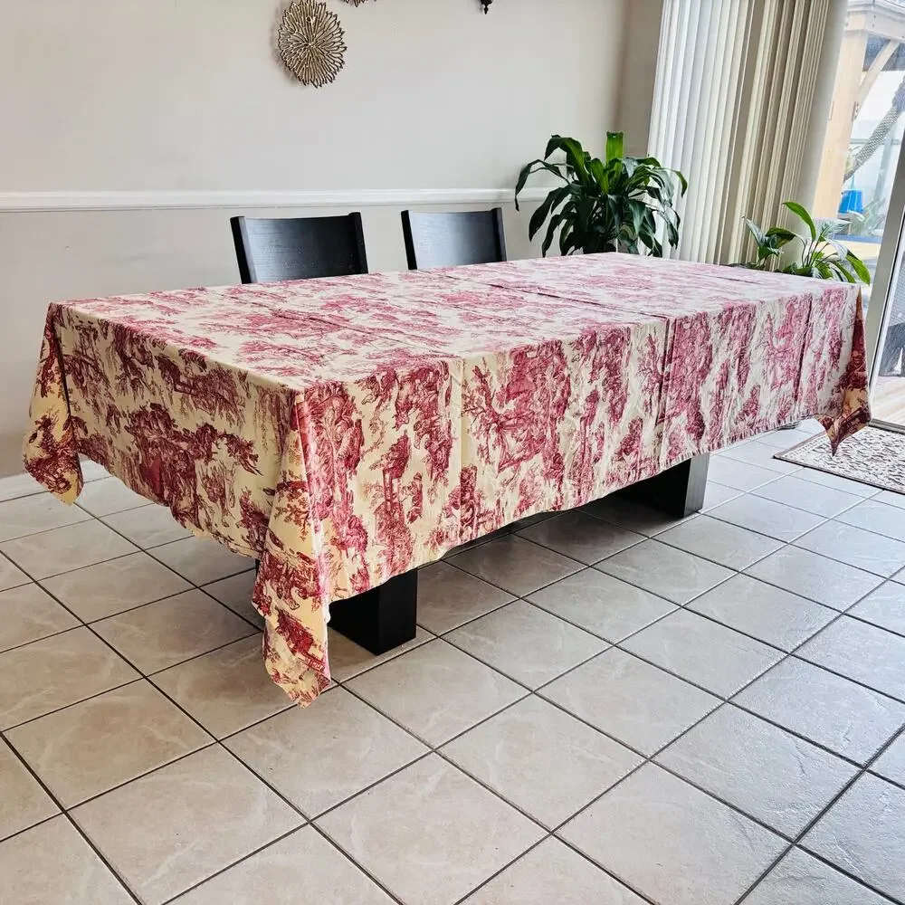 Williams Sonoma Italian Toile Tablecloth 68x126 Red Cream Cotton Made Italy